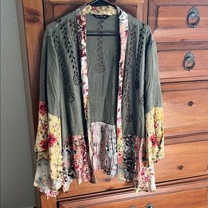 Young Threads Floral Patchwork Open Front Cardigan With Embroidery NWOT